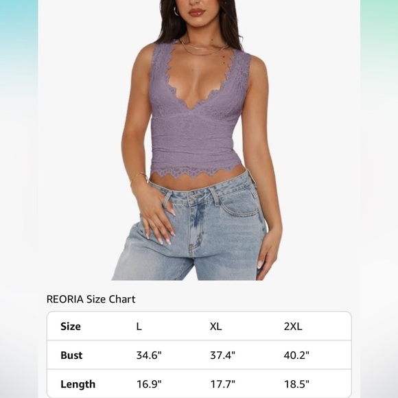 NWT ReoRia Hazy Lilac Lace Double Lined V-Neck Tank Top XL - Picture 6 of 8